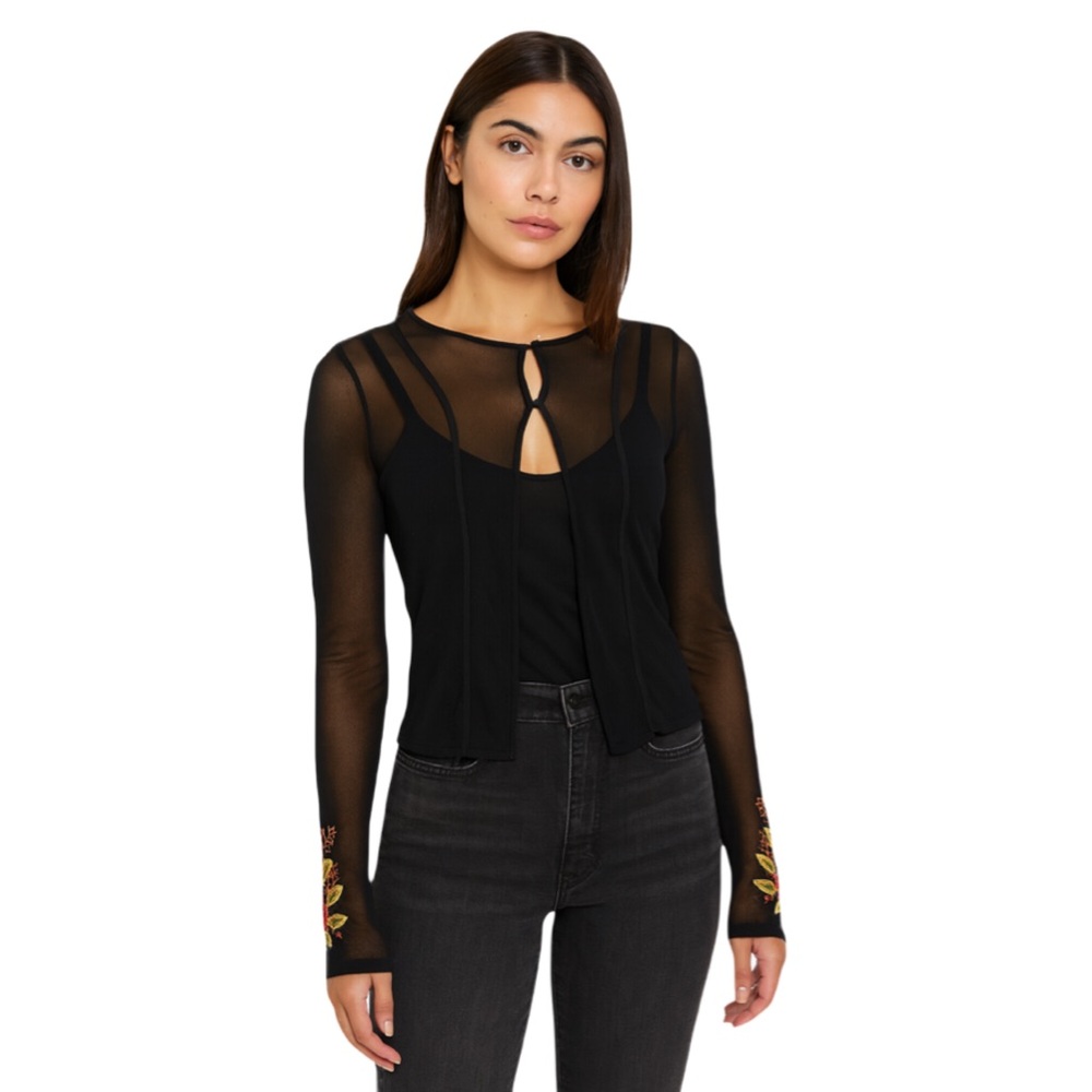 Vintage Y2K  black stretch mesh cardigan with hook closure and floral embroidery